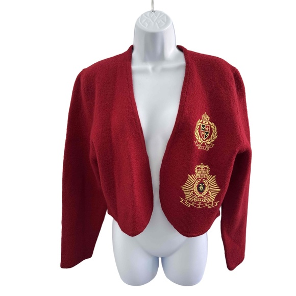 Karen Kane Red Embroidered Crests Open Front Womens Bolero Jacket Large - Picture 2 of 6